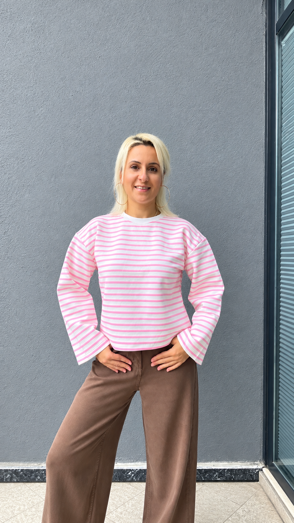 Çizgili Basic Sweat Pembe
