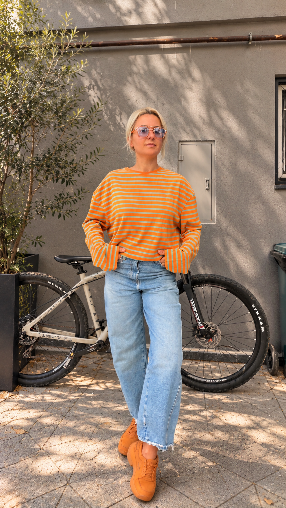 Çizgili Basic Sweatshirt Turuncu
