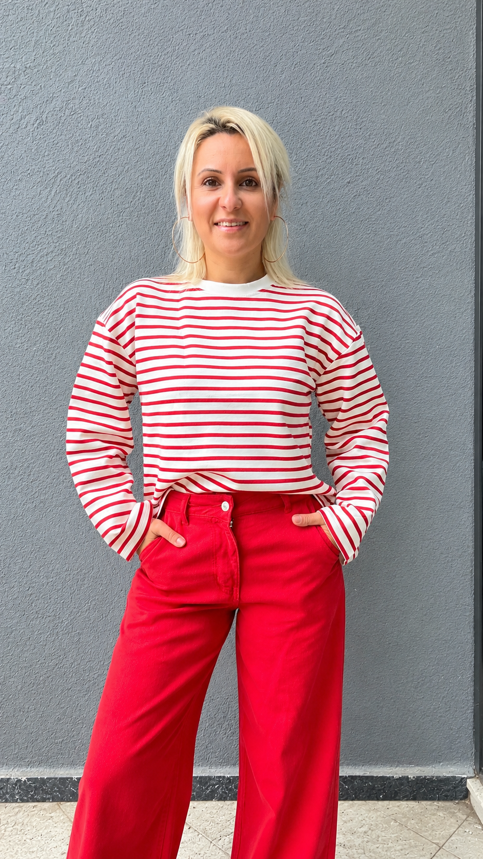 Çizgili Basic Sweat Kırmızı