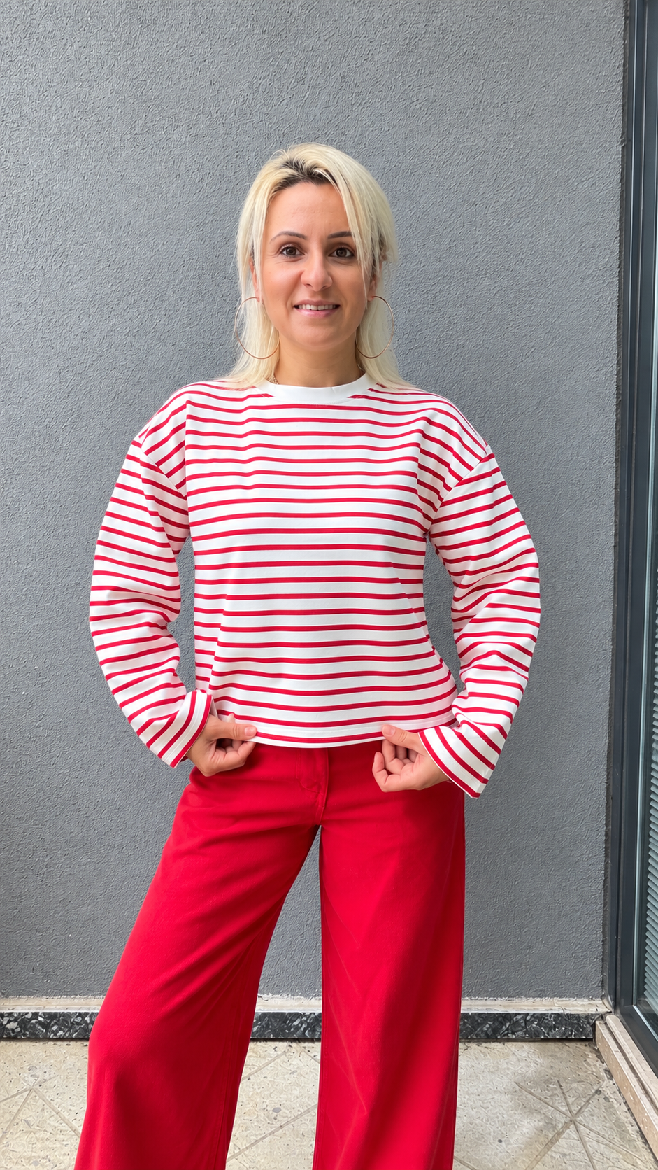 Çizgili Basic Sweat Kırmızı