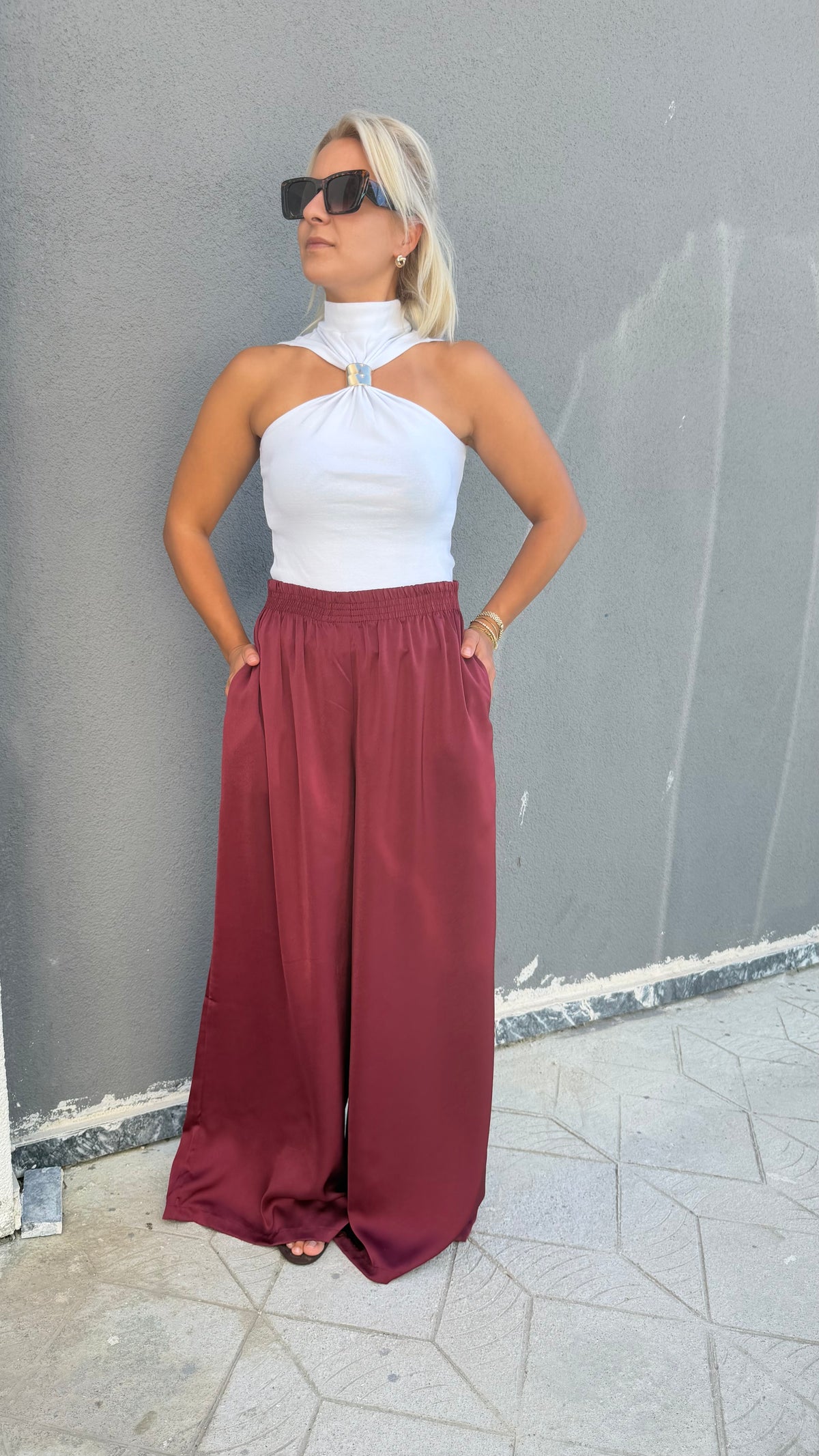 Bol Saten Kumaş Pantolon Bordo