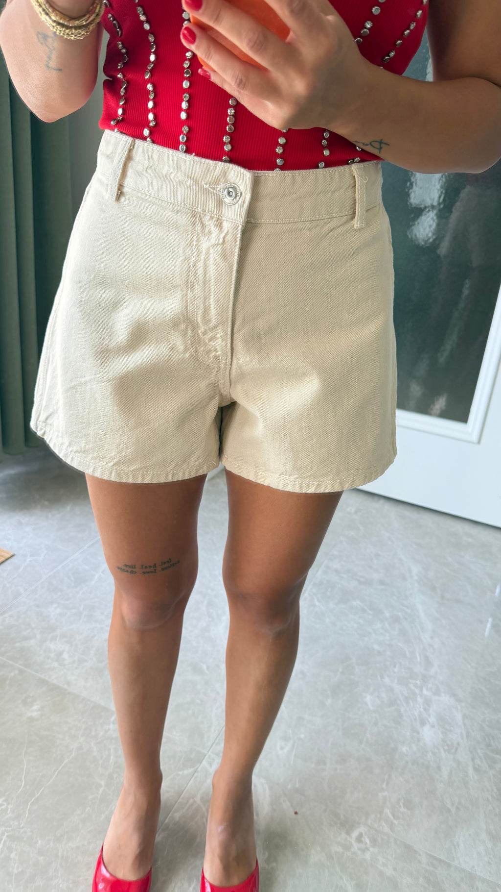 Krem Denim Şort