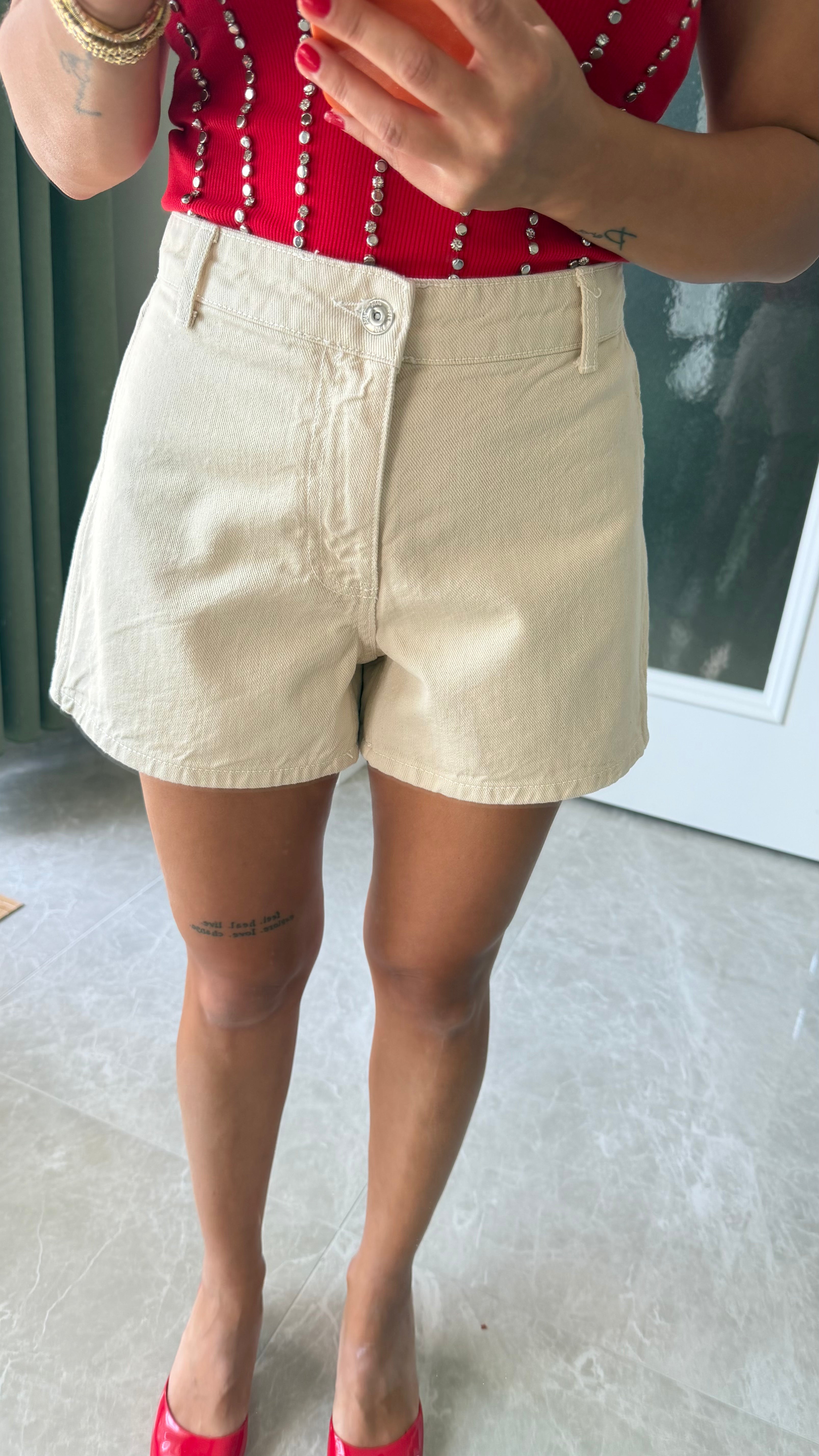Krem Denim Şort