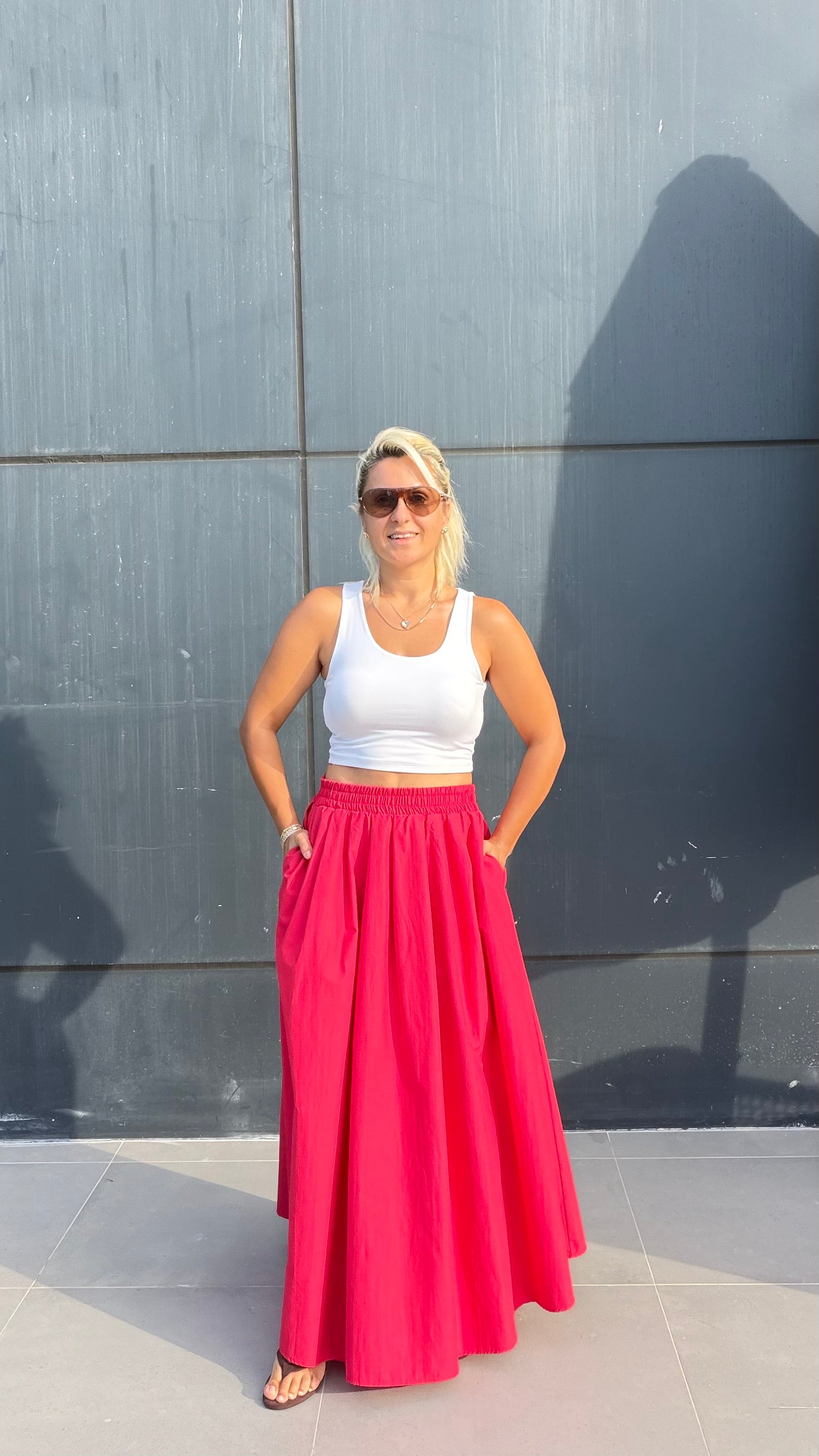 Beli Lastikli Midi Etek Kırmızı