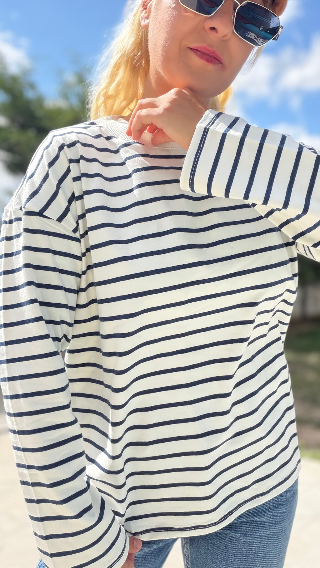 Çzigili Uzun Kol Sweat Beyaz