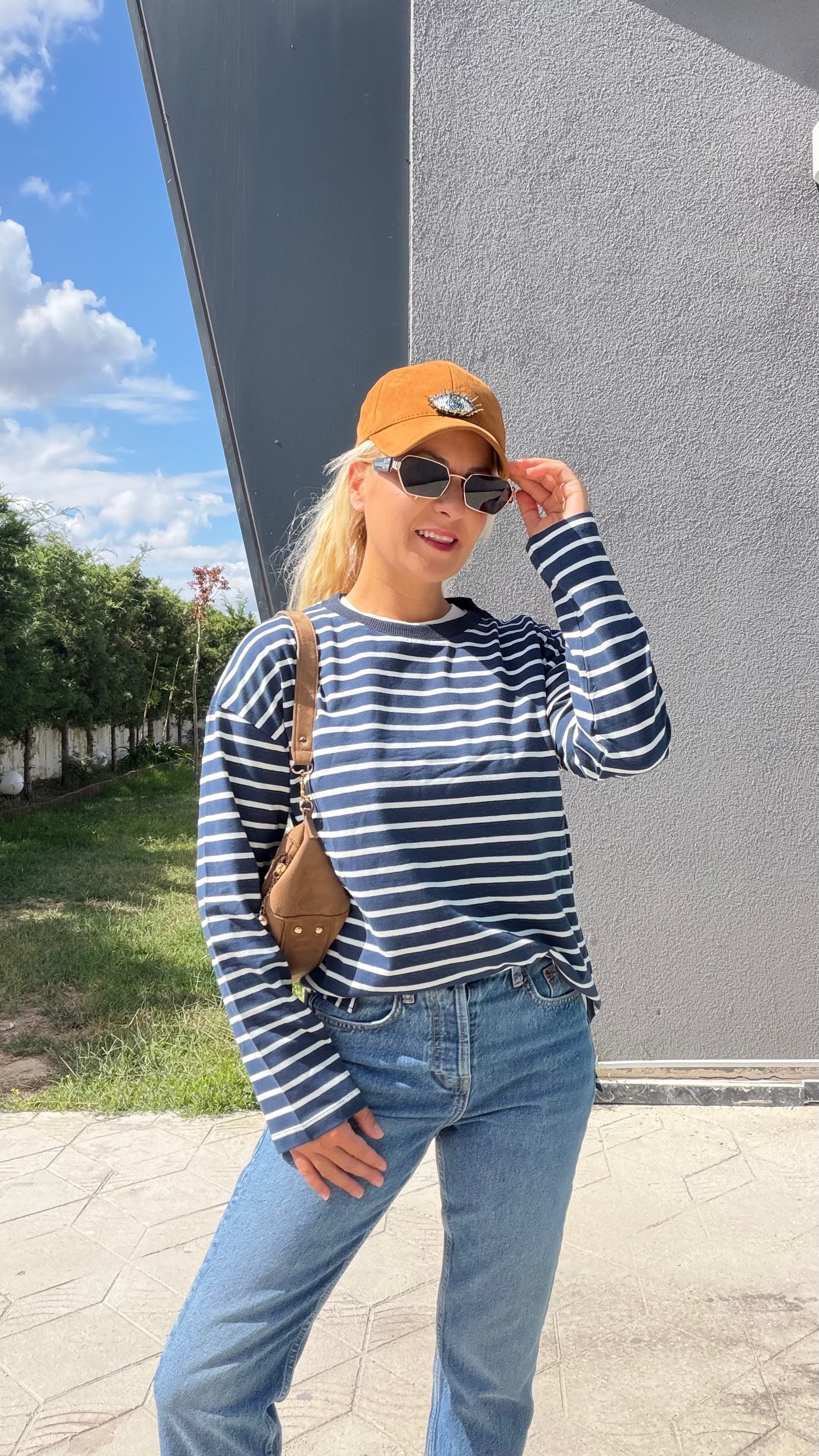 Çizgili Uzunkol Sweat Mavi