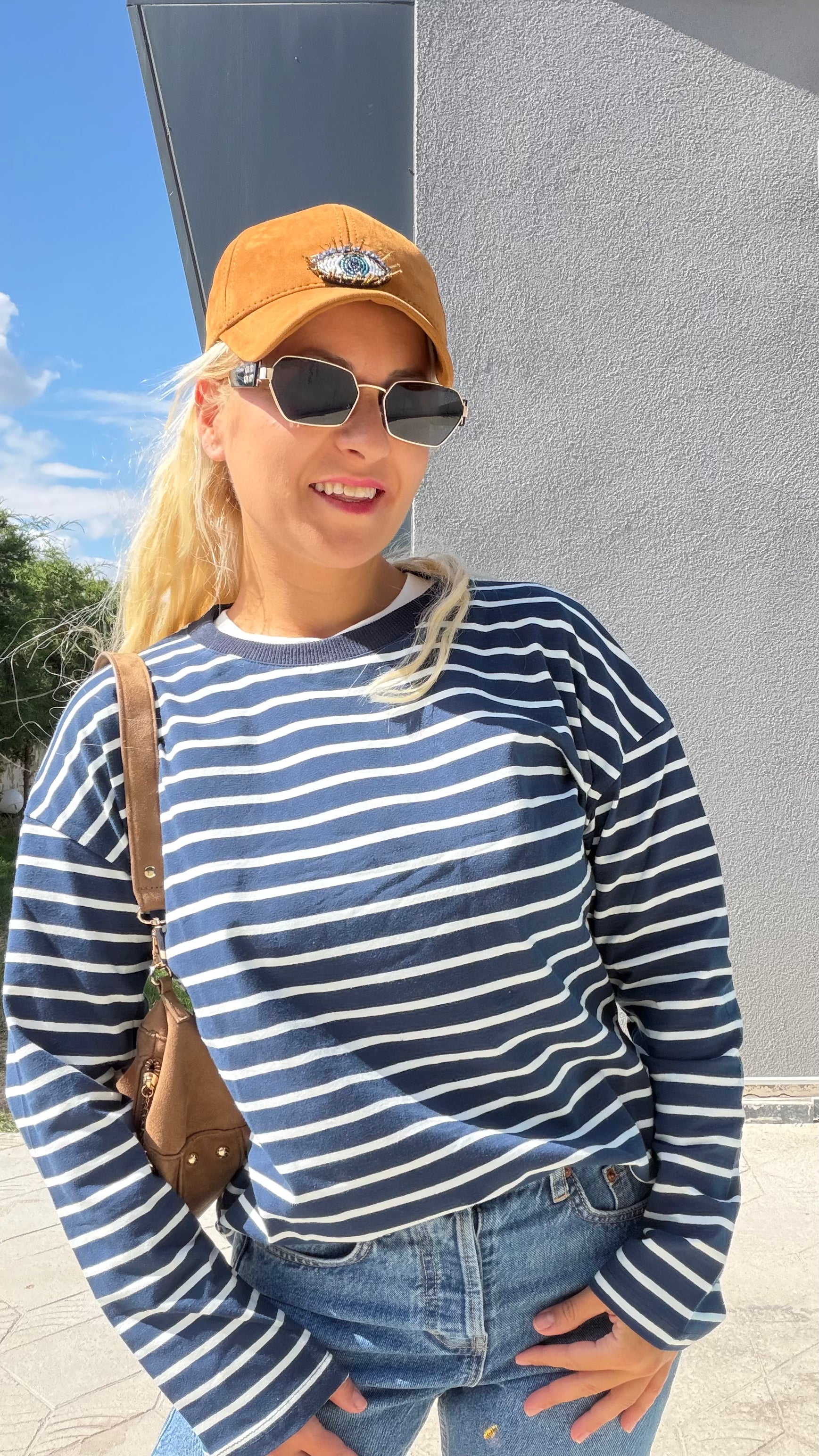 Çizgili Uzunkol Sweat Mavi