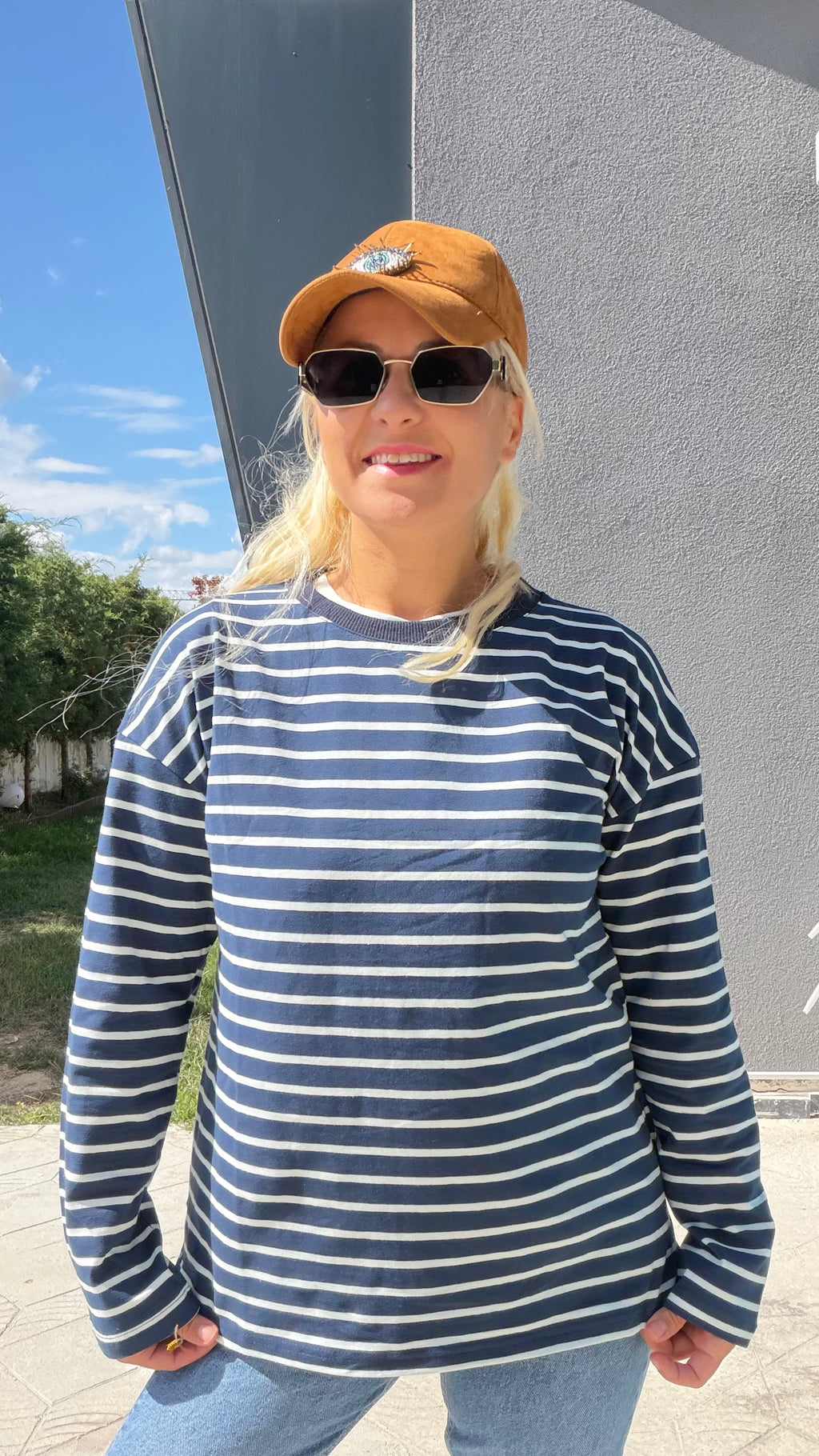 Çizgili Uzunkol Sweat Mavi