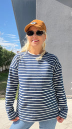Çizgili Uzunkol Sweat Mavi