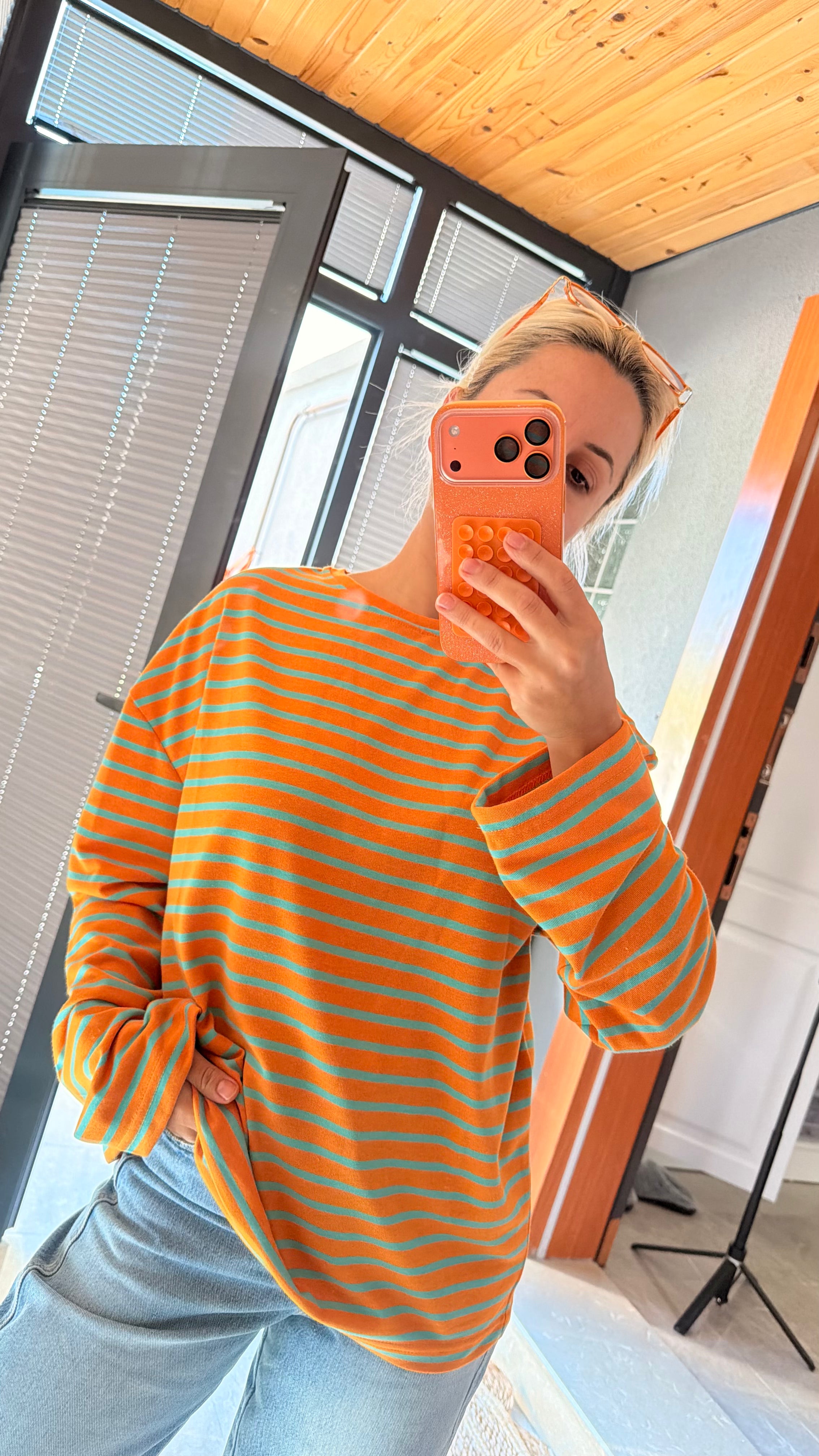 Çizgili Basic Sweatshirt Turuncu