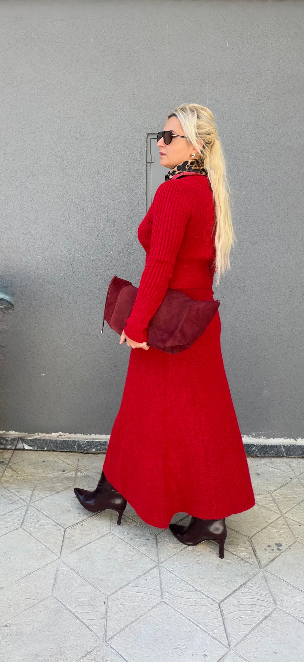 Kırmızı Etek Hırka Triko Takım