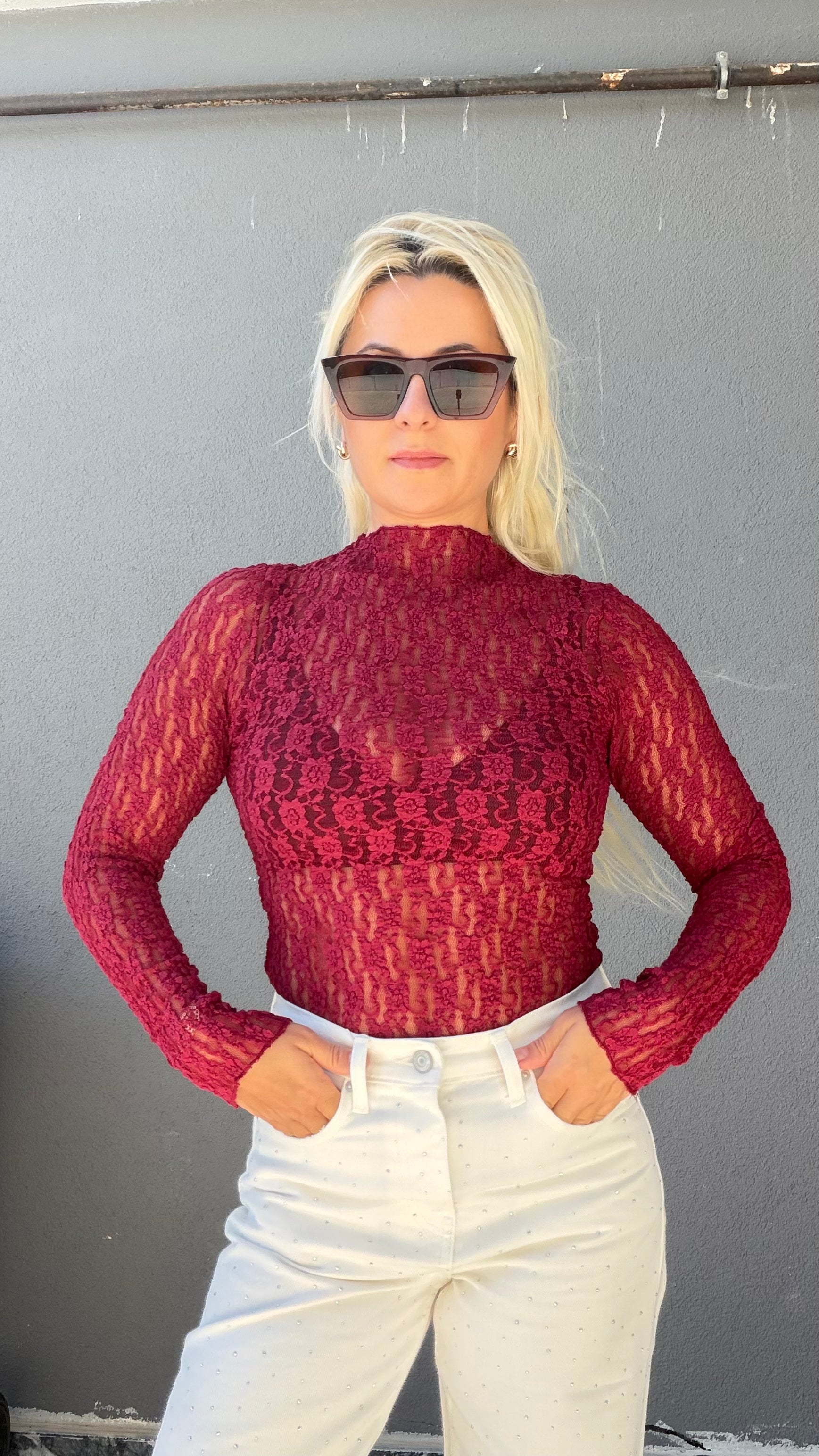 Balıkçı Yaka Transparan Bluz Bordo