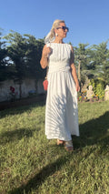 Keten Elbise Beli Kuşaklı Beyaz