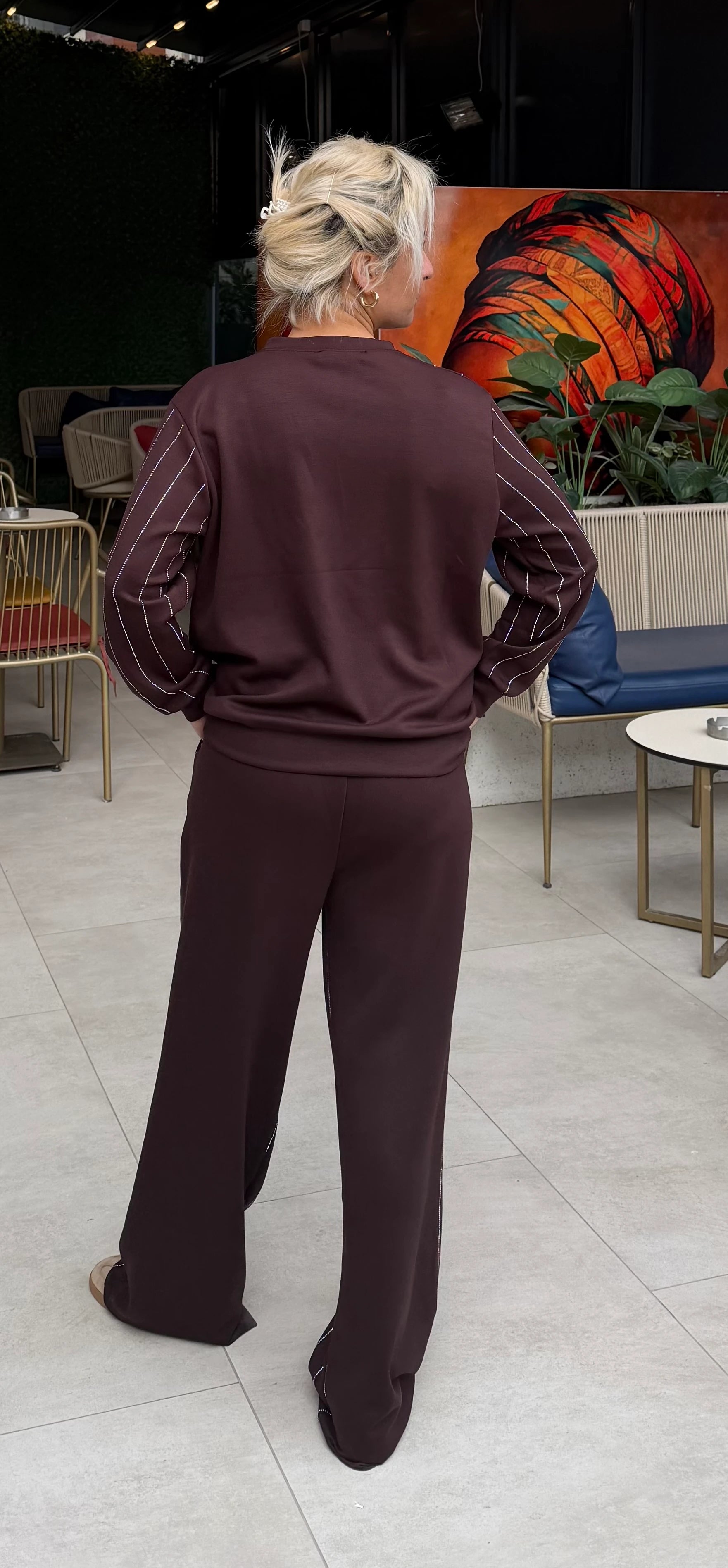 Taşlı Sweat Pantolon Takım Kahve - 2