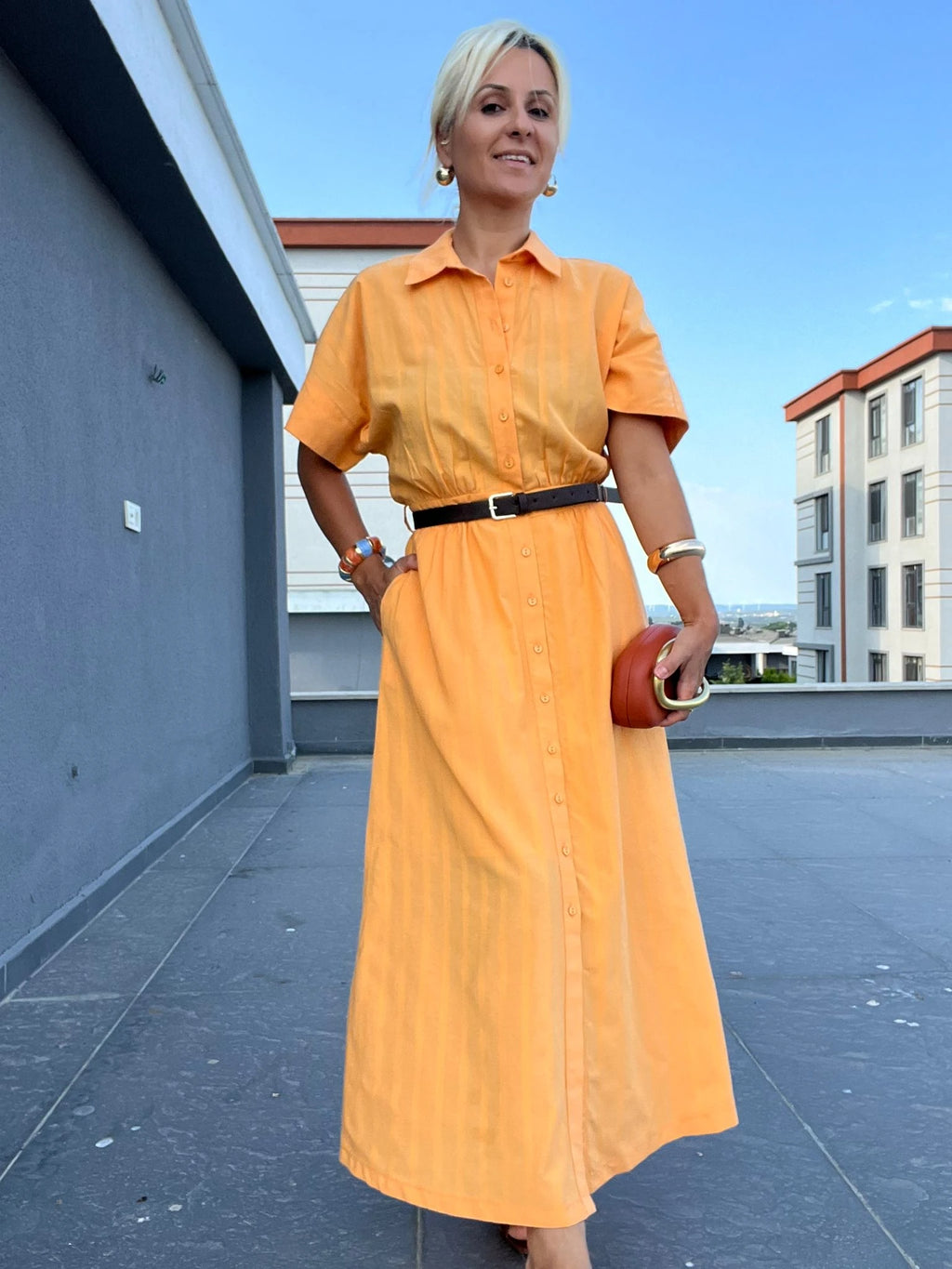 Kendinden Kemerli Turuncu Elbise - 4