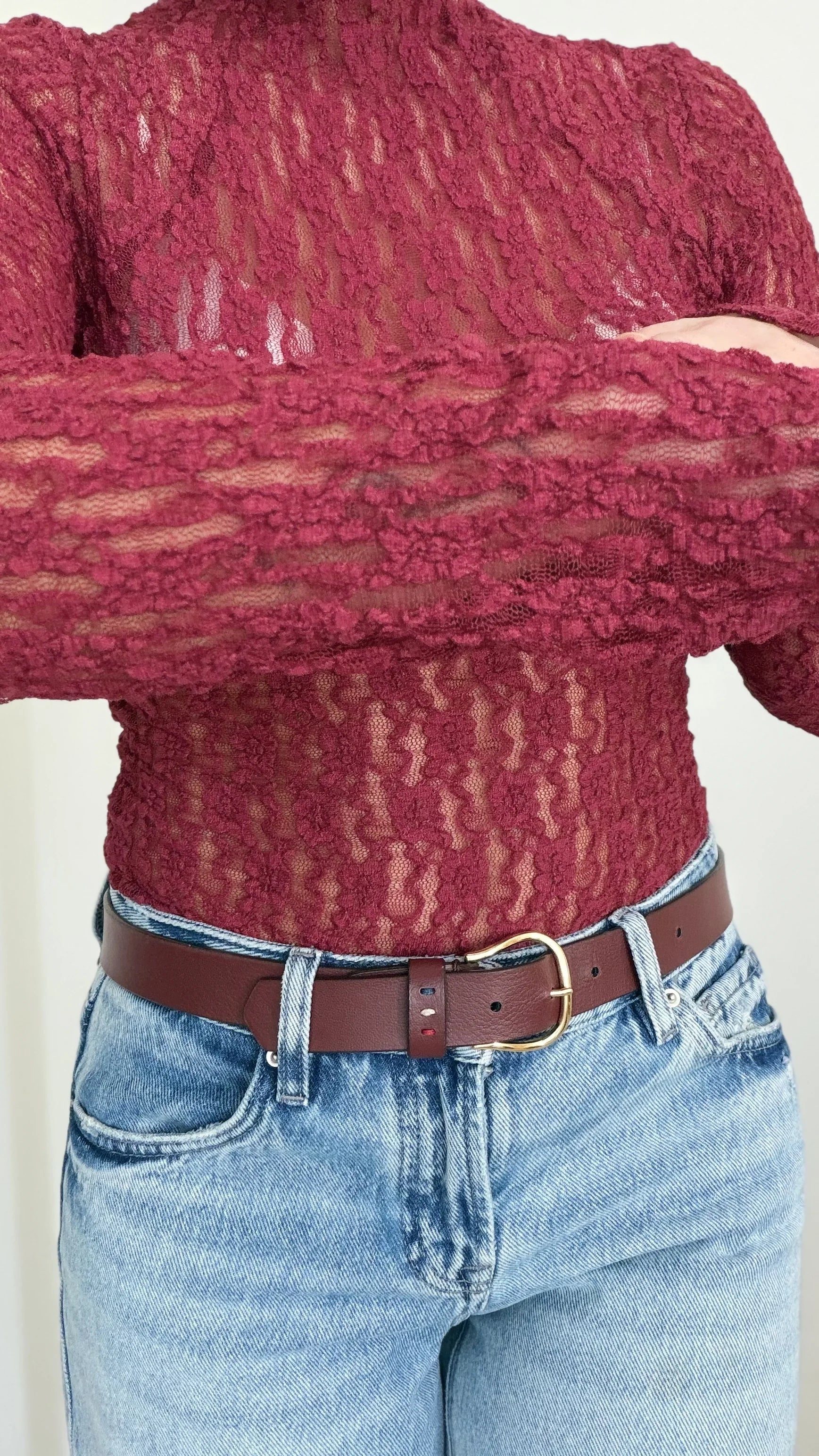 Balıkçı Yaka Transparan Bluz Bordo - 2