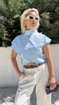 Poplin Crop Omuz Düğmeli Bluz Mavi
