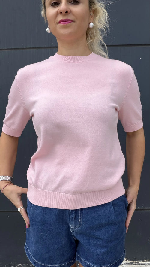 Bisiklet Yaka Kısa Kol Triko Bluz Pembe - 2