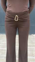 Akseuar Detay Geniş Paça Pantolon Kahve - 3