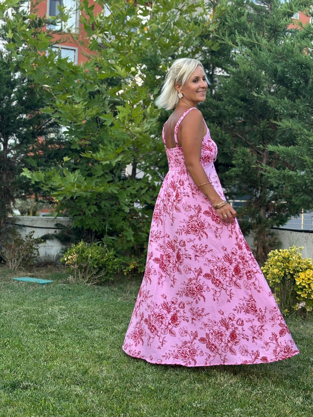 Müslin Kumaş Desenli Elbise Pembe - 2