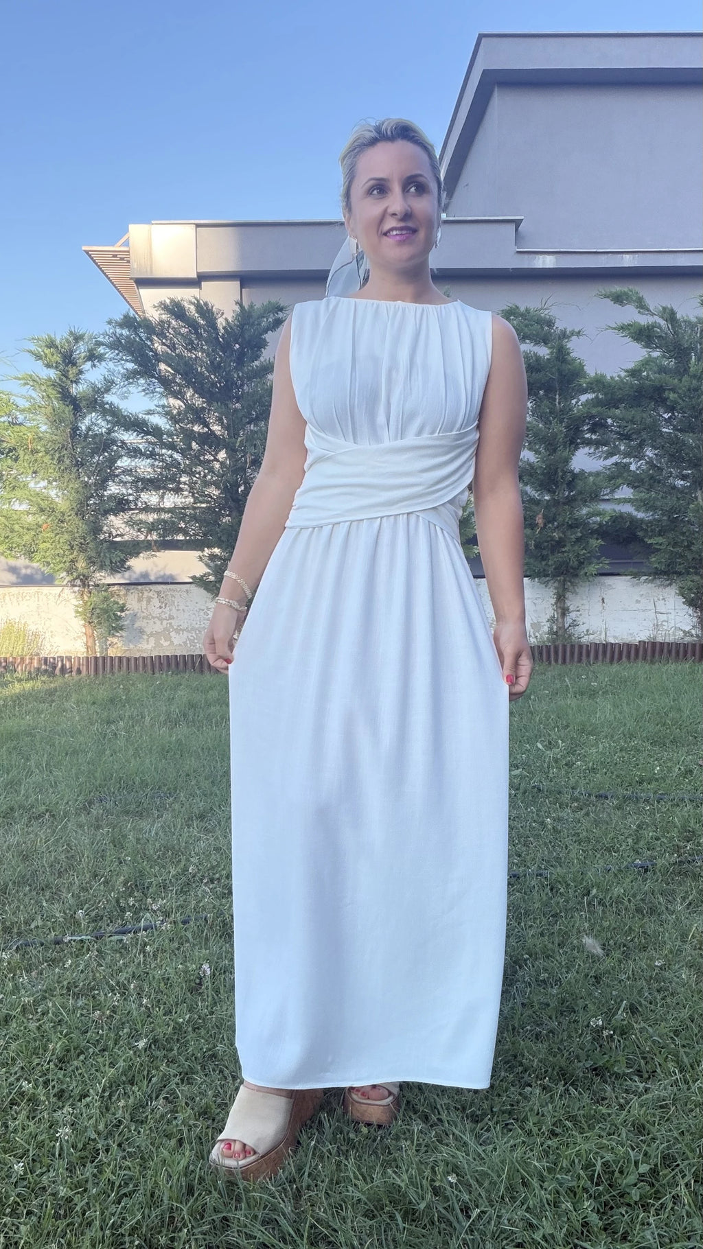 Keten Elbise Beli Kuşaklı Beyaz - 3