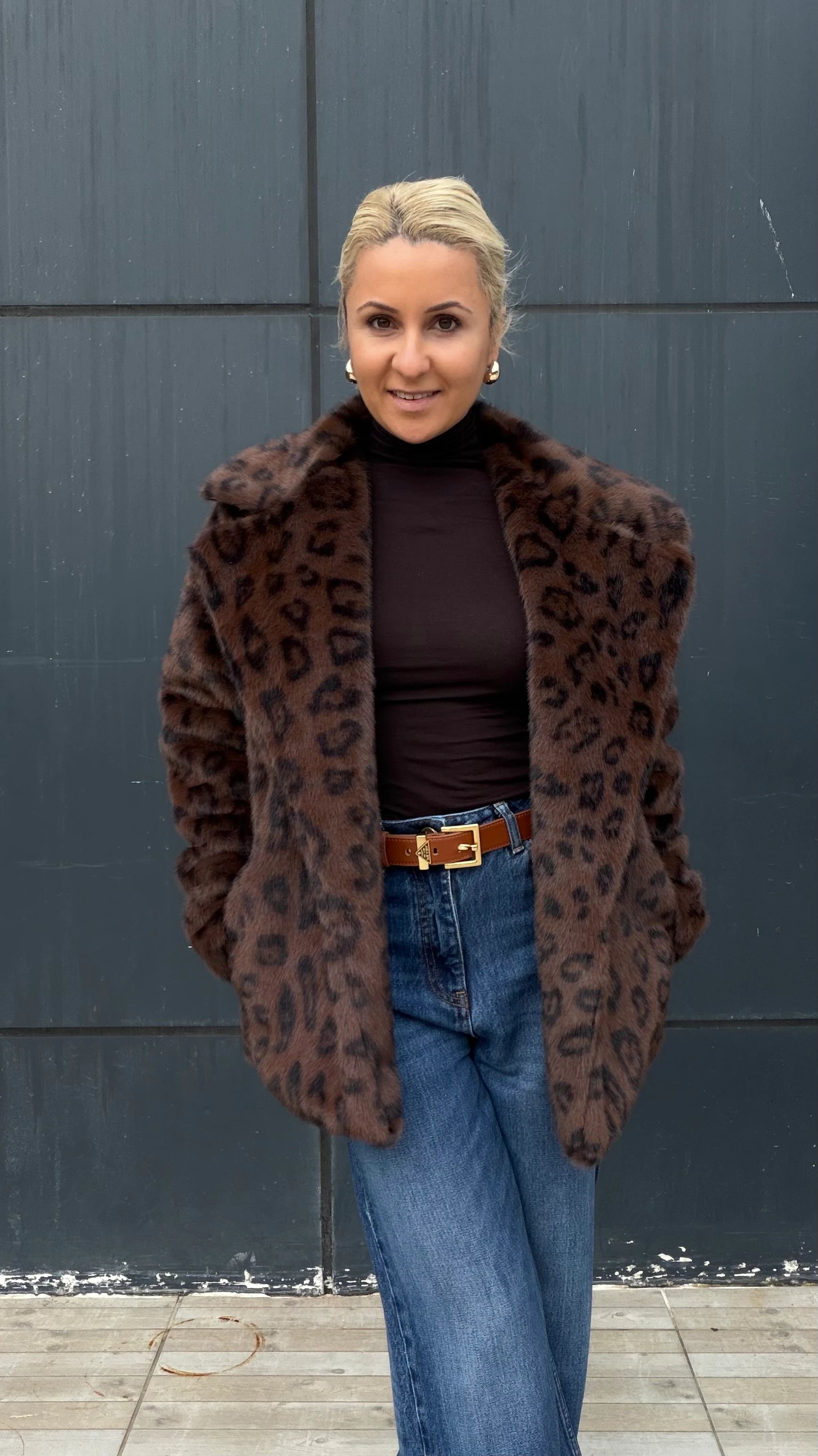 Kürklü Leopar Desen Kaban Kahve - 5