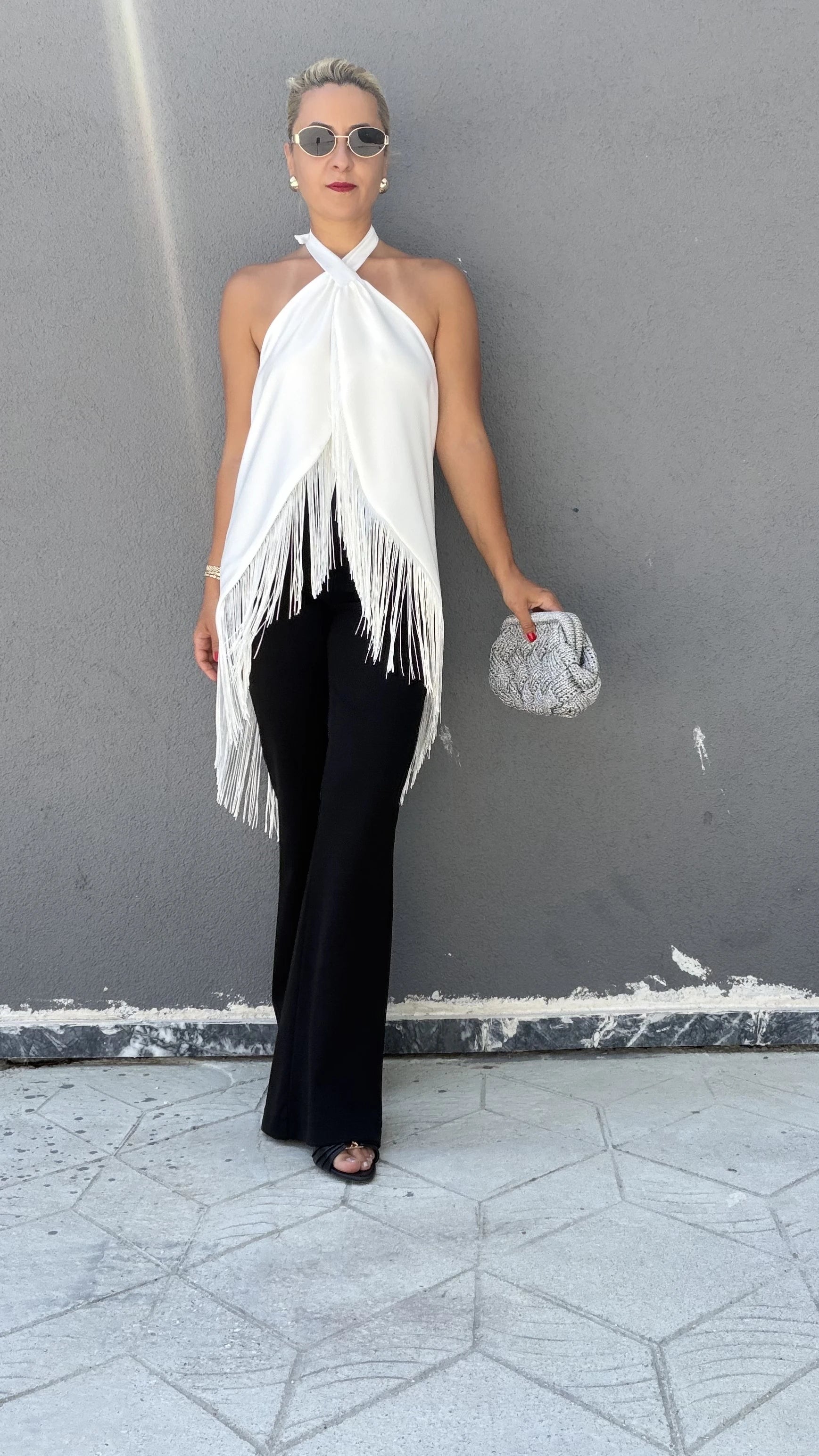 Bağlamalı Püsküllü Saten Bluz Beyaz