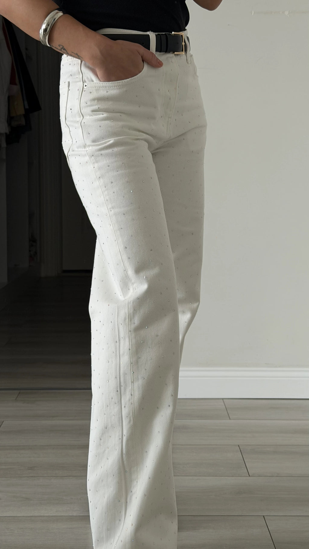 Full Taşlı Wide Leg Jean Kırık Beyaz - 4