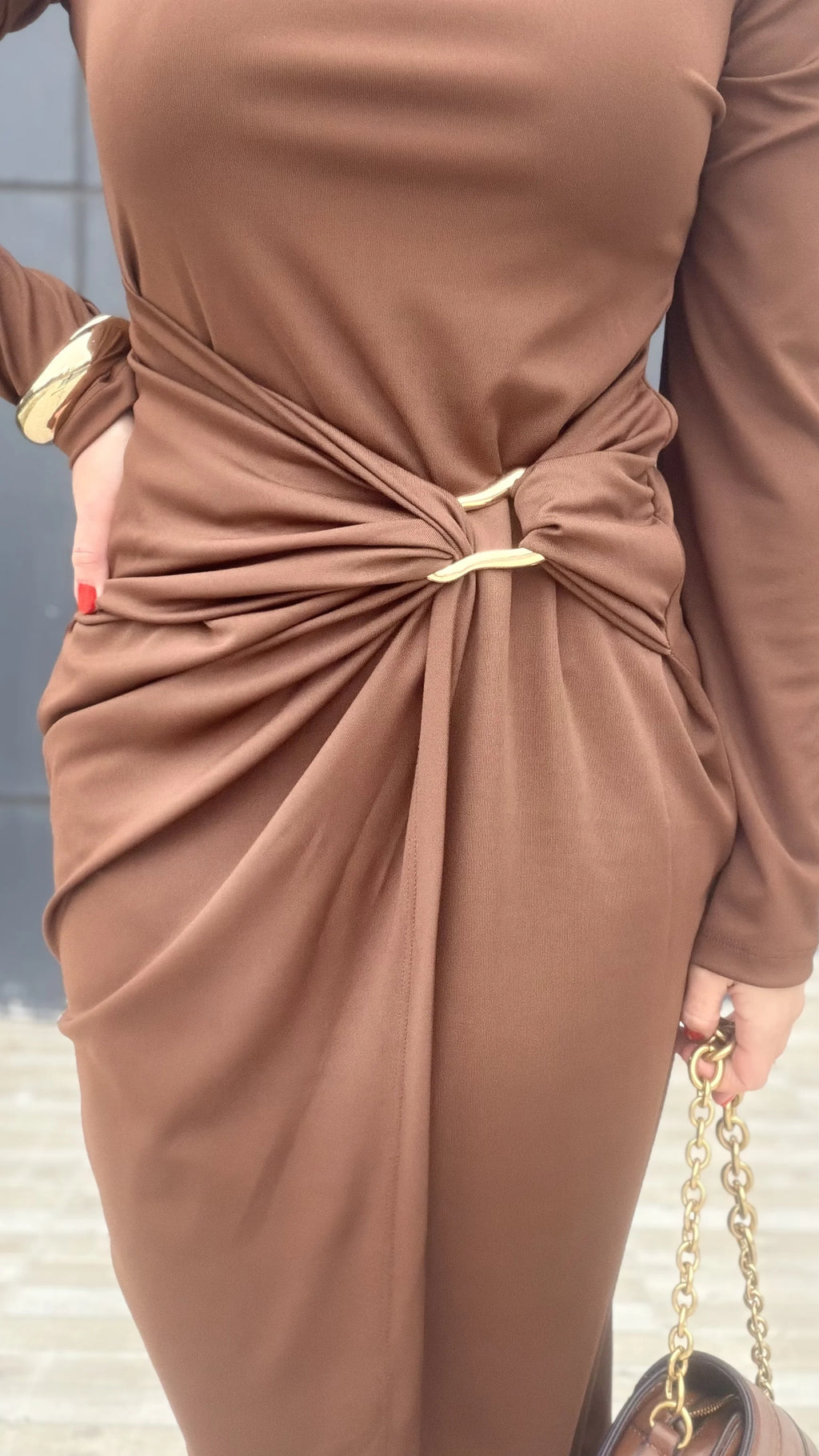 Bel Toparlayan Drape Elbise Kahve - 3