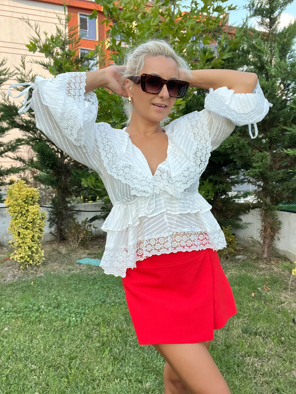 Bohem Tarzı Fırfırlı Bluz Beyaz - 4