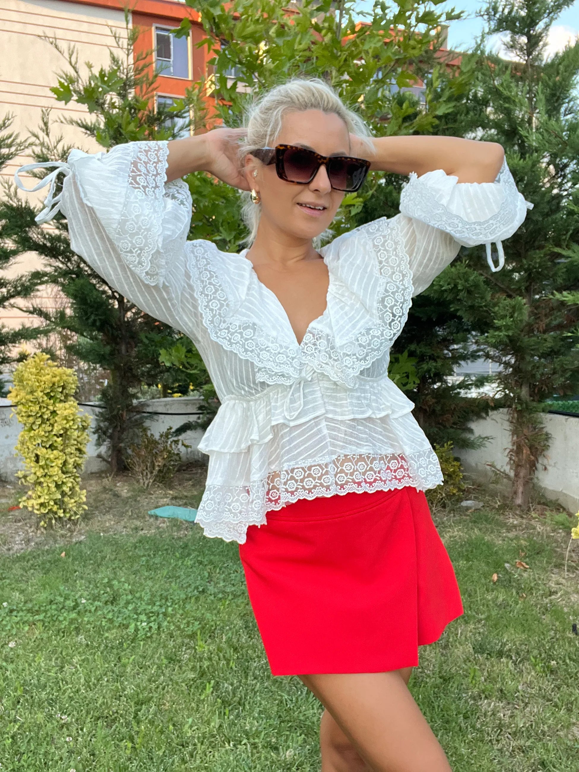 Bohem Tarzı Fırfırlı Bluz Beyaz - 4