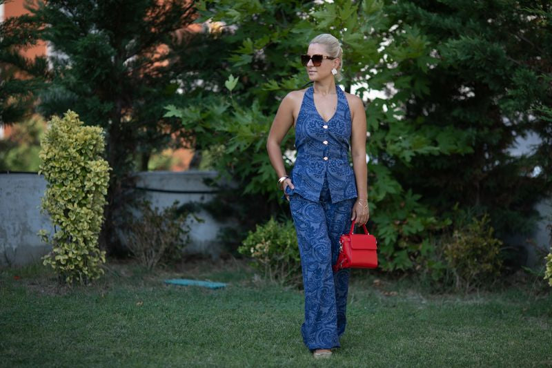 Şal Desen Denim Bluz-Pantolon Takım - 7