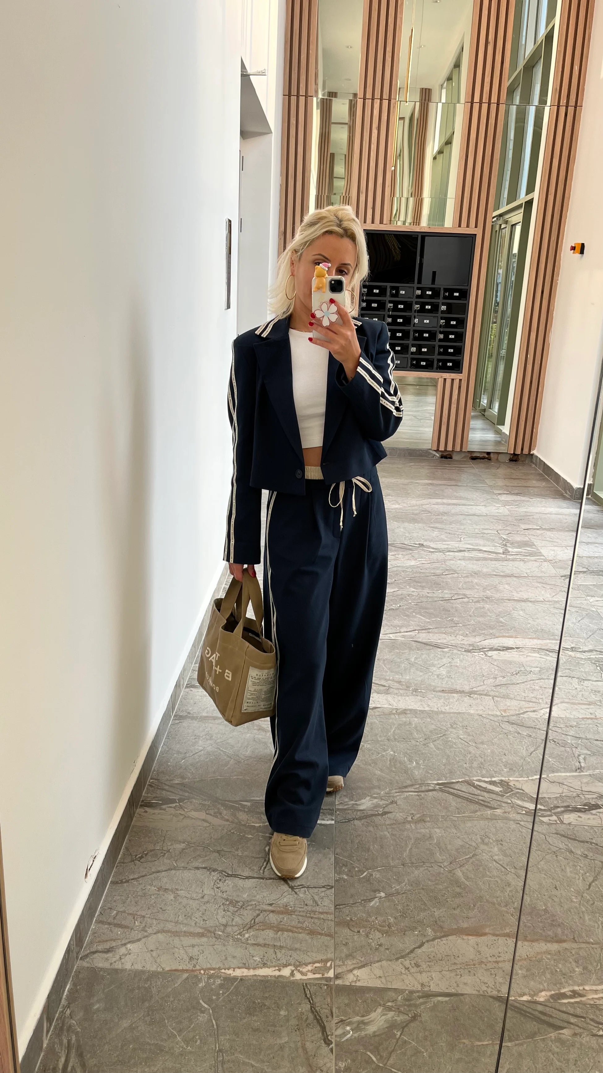 Yazı Detay Şeritli Pantolon Blazer Ceket Takım - 5