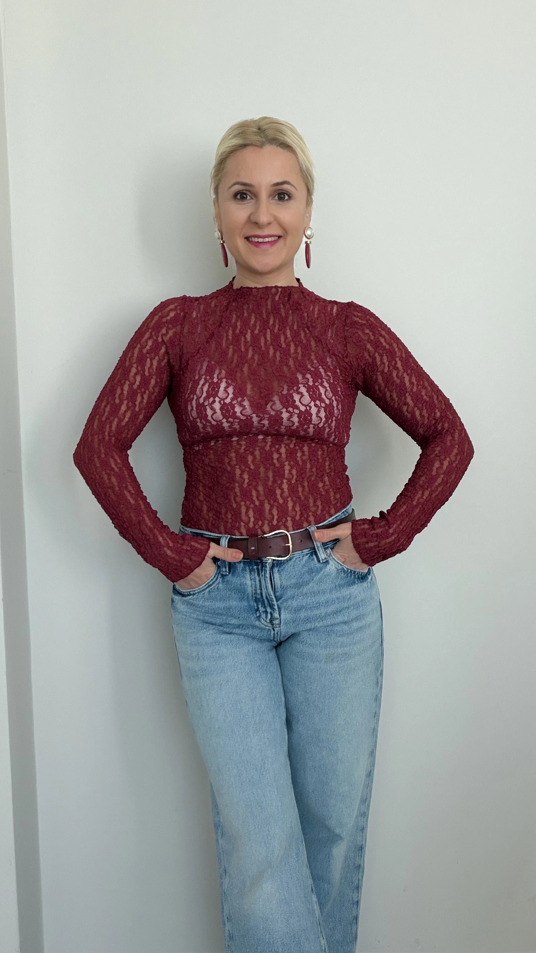 Balıkçı Yaka Transparan Bluz Bordo