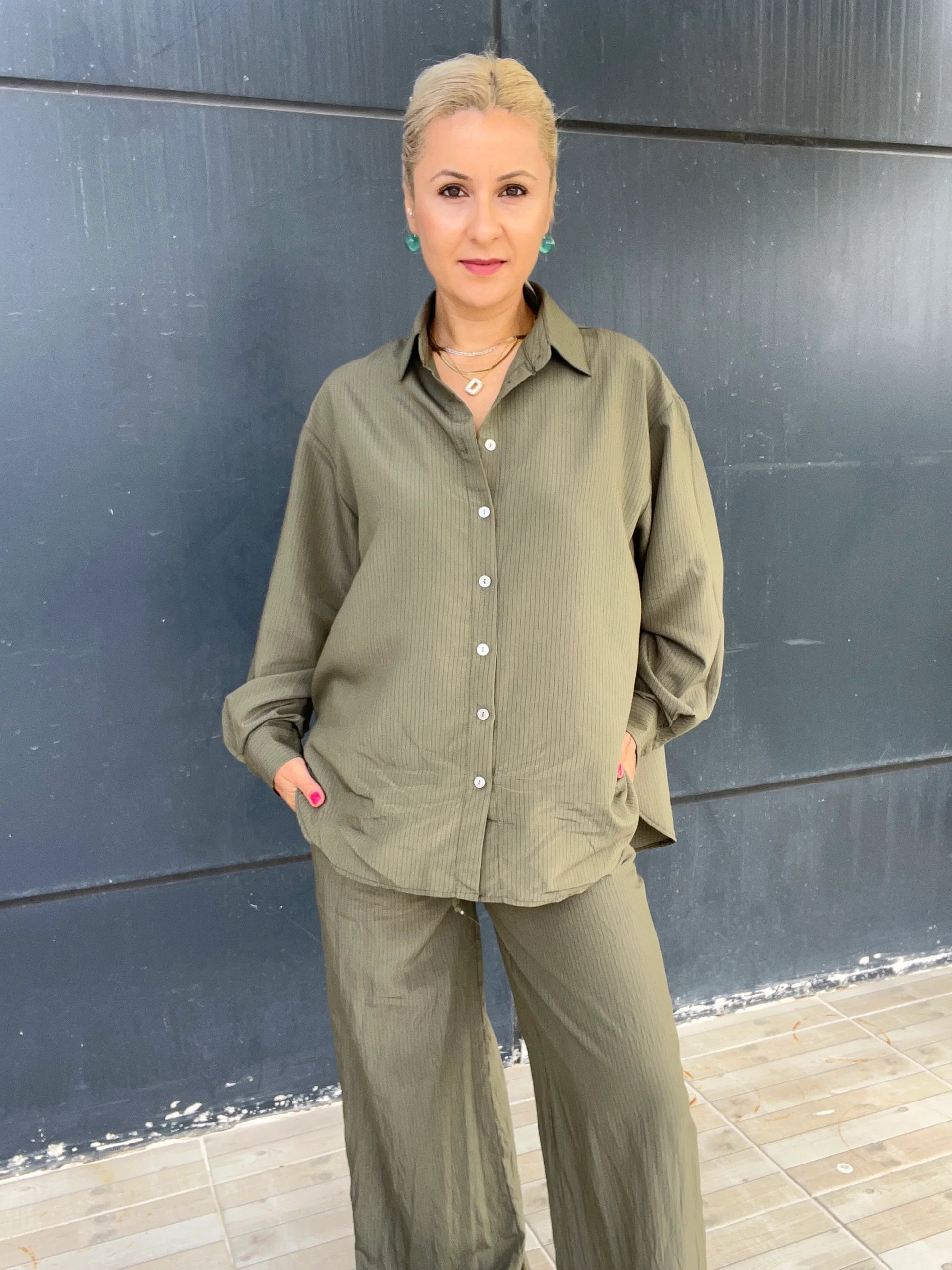Haki Renk Çizgili Pantolon Gömlek Takım - 6