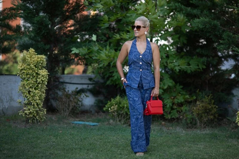 Şal Desen Denim Bluz-Pantolon Takım - 4