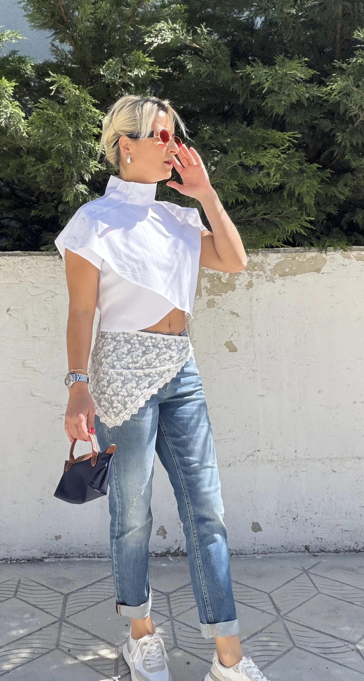 Poplin Crop Omuz Düğmeli Bluz Beyaz - 2
