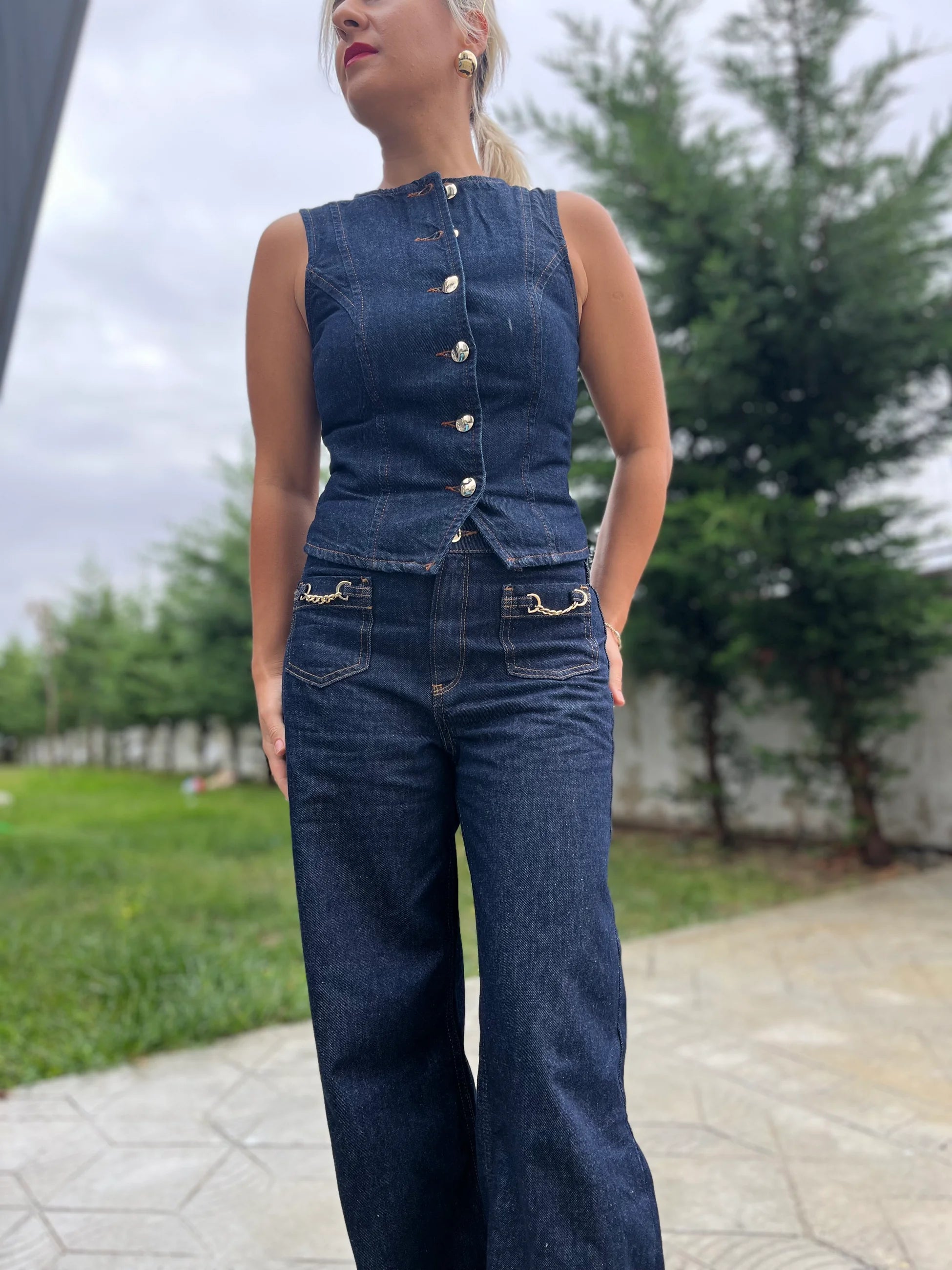 Rins Yıkamalı Gold Düğme Detay Denim Yelek - 2
