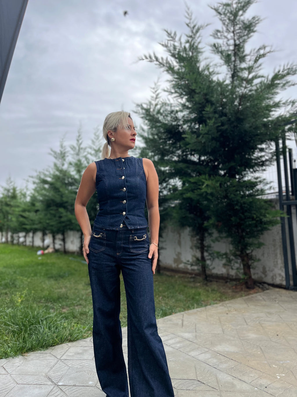 Rins Yıkamalı Gold Düğme Detay Denim Yelek - 3