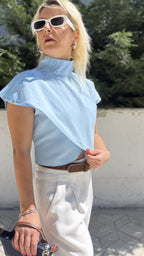 Poplin Crop Omuz Düğmeli Bluz Mavi - 4