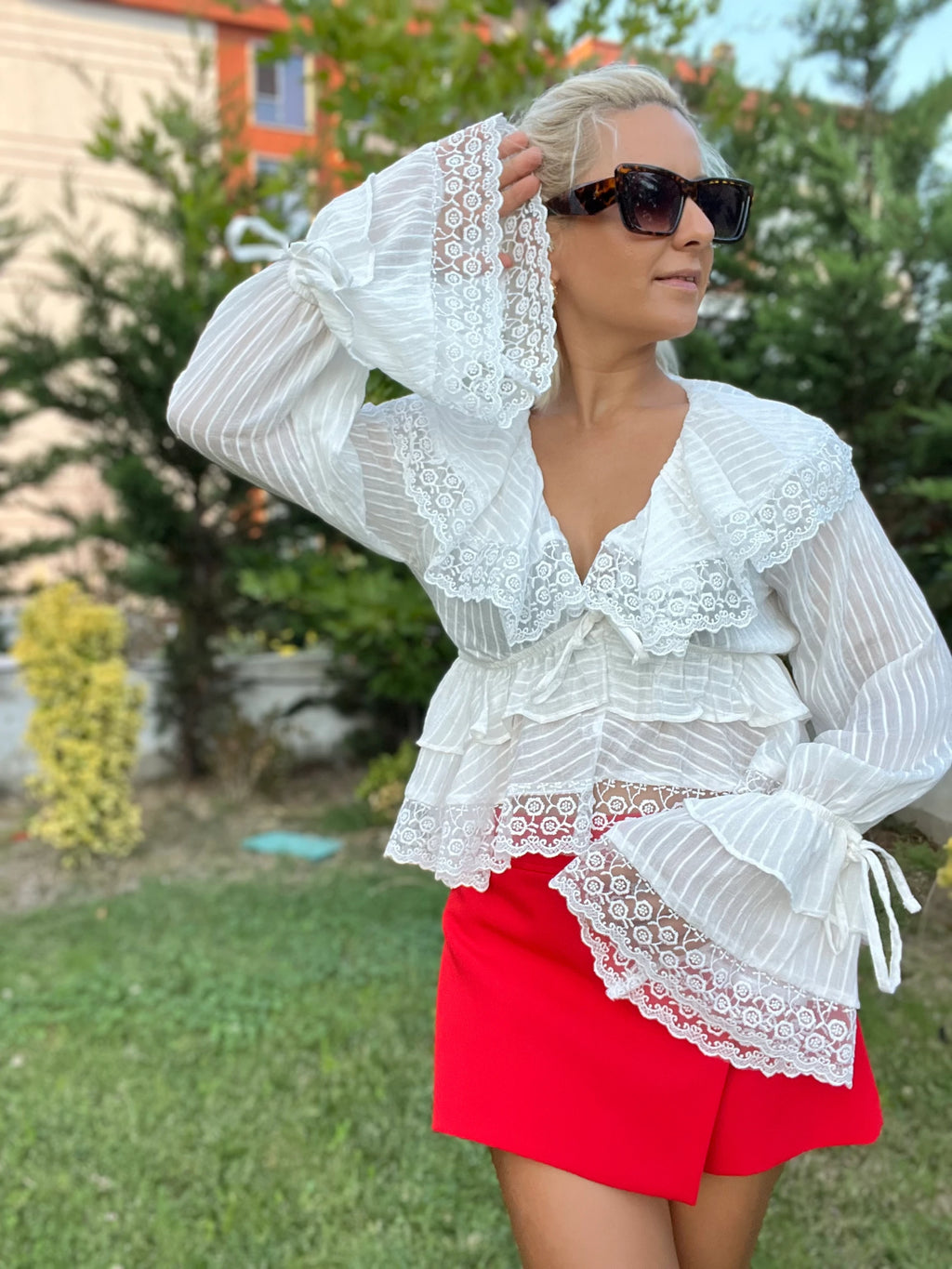 Bohem Tarzı Fırfırlı Bluz Beyaz - 2