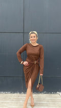 Bel Toparlayan Drape Elbise Kahve