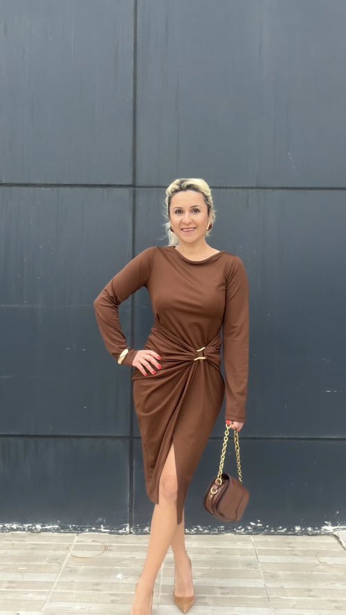 Bel Toparlayan Drape Elbise Kahve