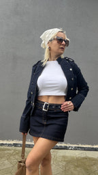 Düğme Detay Denim Ceket Mavi - 4