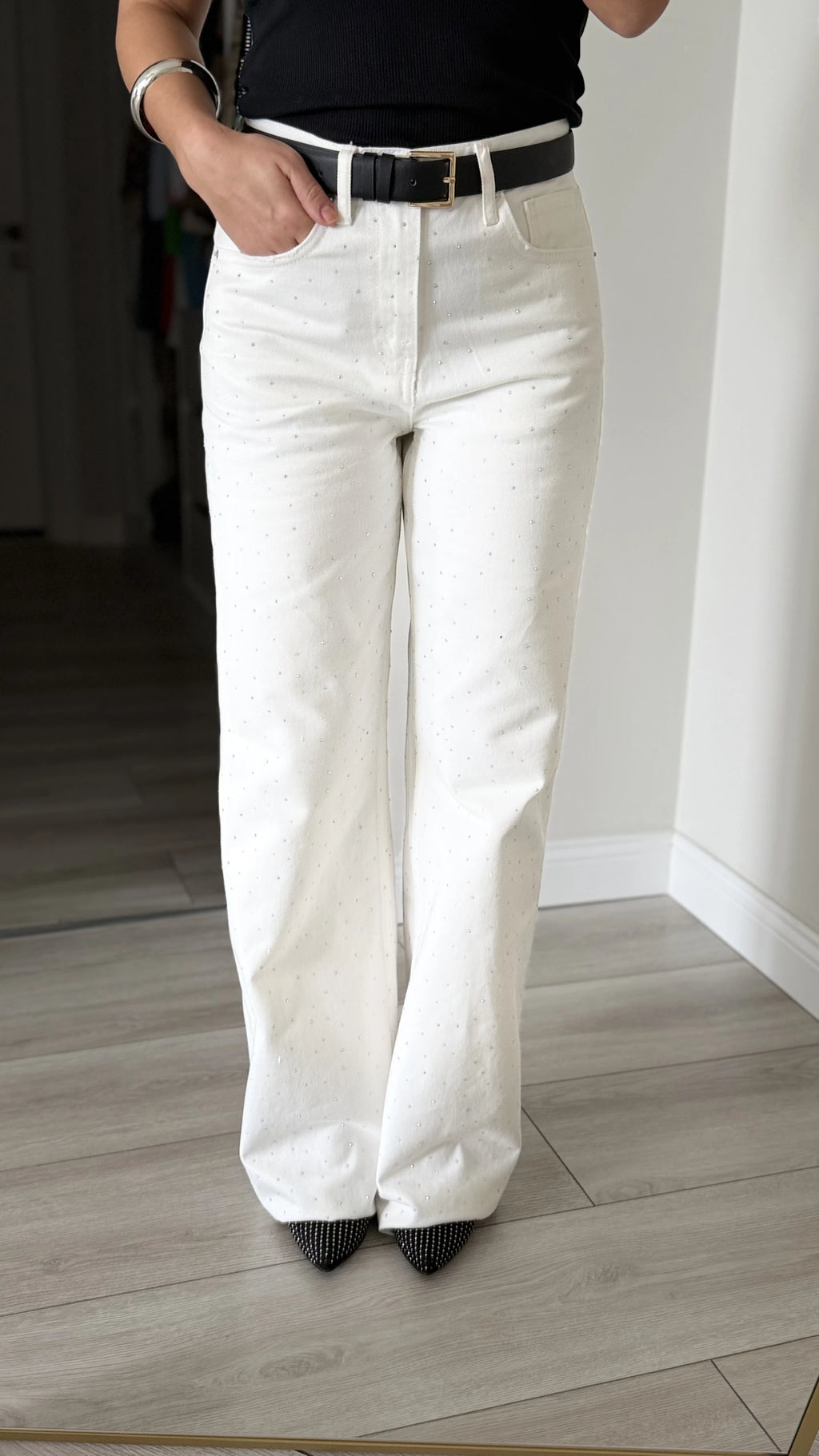 Full Taşlı Wide Leg Jean Kırık Beyaz
