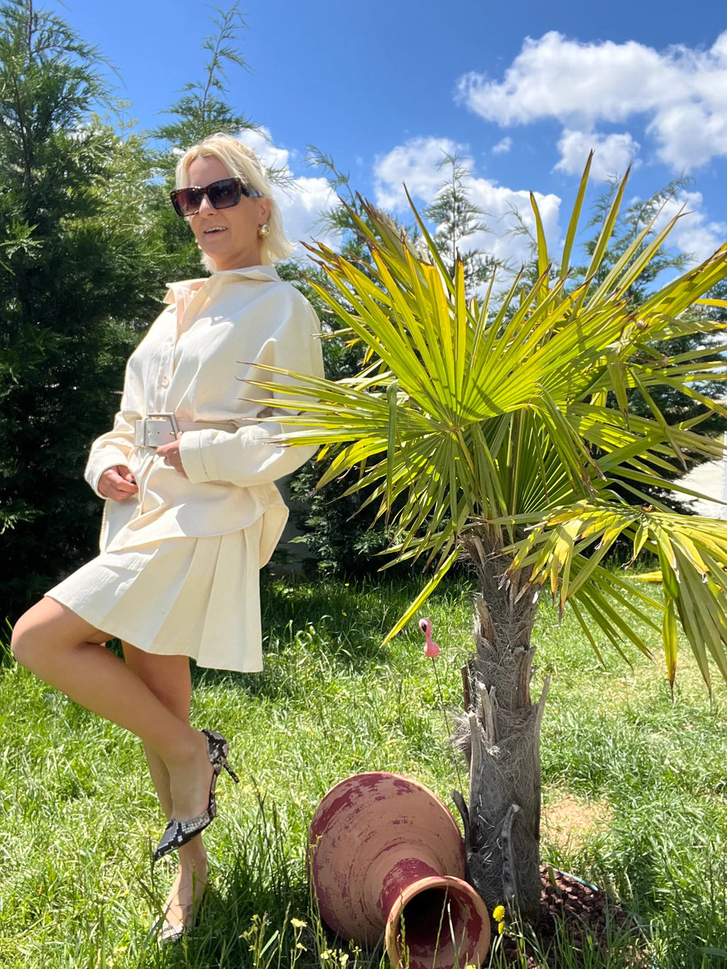 Keten Kumaş Oversize Krem Gömlek - 2