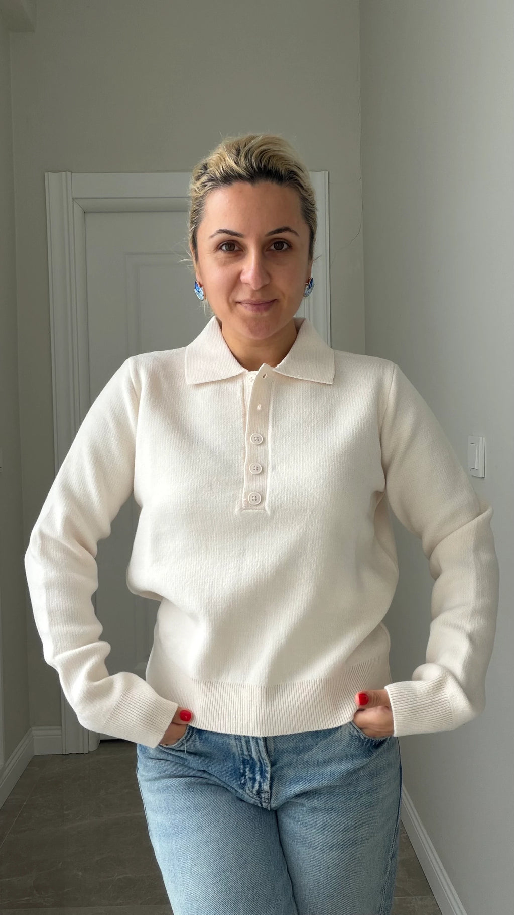 Polo Yaka Kazak Krem Renk
