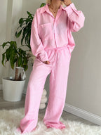 Çizgili Pijama Model Gömlek-Pantolon Takım