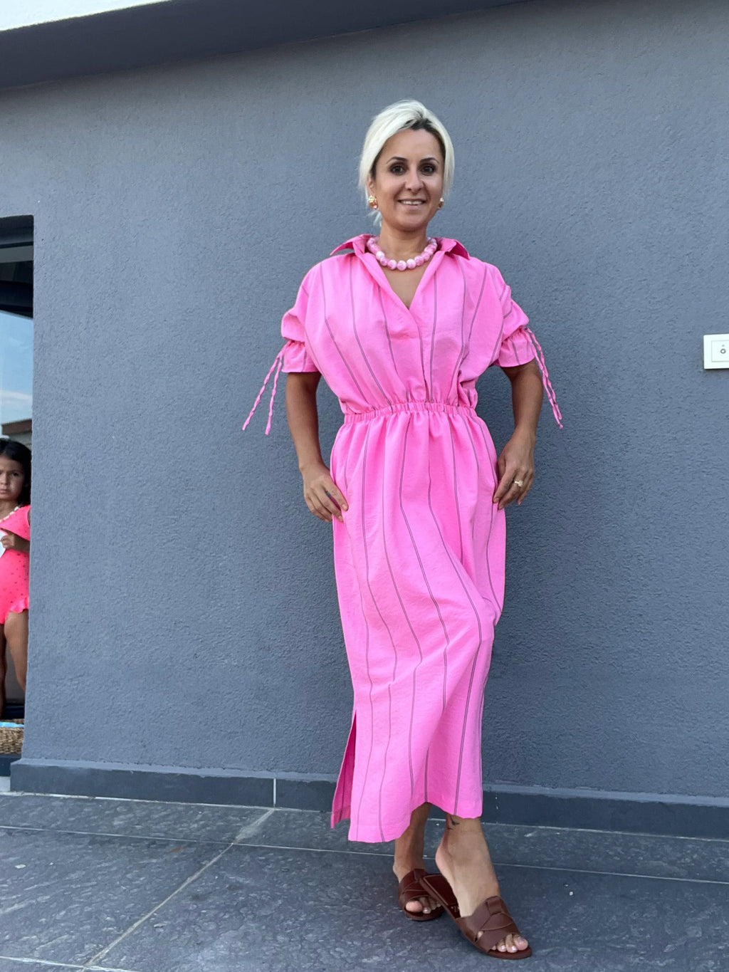 Çizgili Pembe Rahat Kesim Elbise - 2