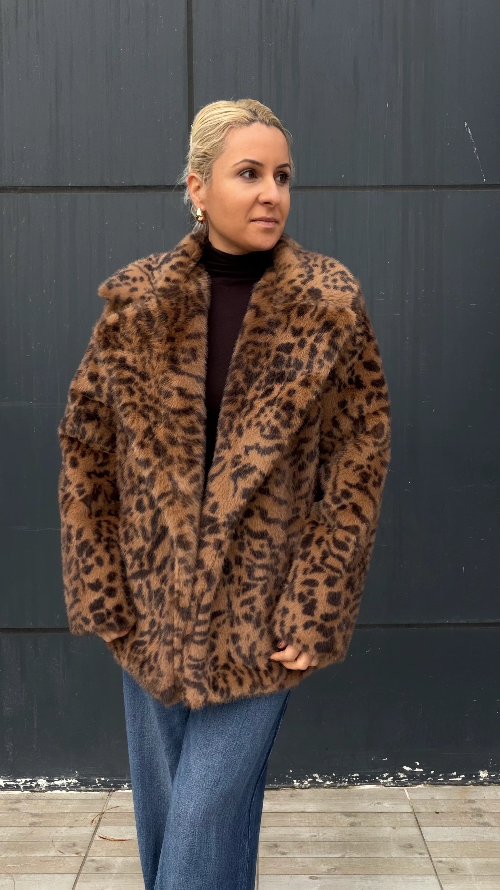 Kürklü Leopar  Desen Kaban Taba
